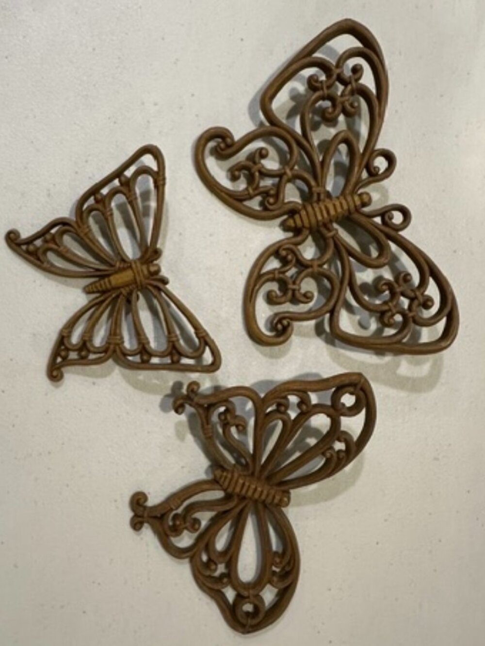Set of THREE Homco Faux-Rattan Wood-Tone Molded Plastic Butterfly Plauques #7537